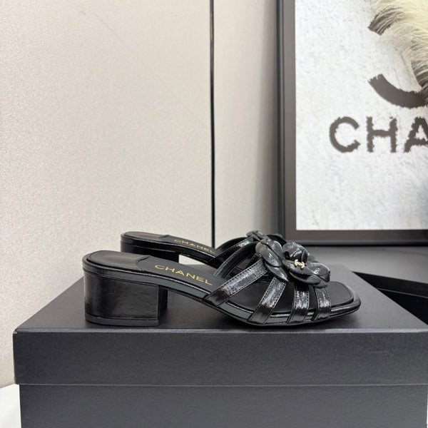CC 25 Camellia Open Heel Mule Sandals 50mm Black Sheepskin 368855