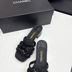 CC 25 Camellia Open Heel Mule Sandals 50mm Black Coarse Glitter Fabric And Sheepskin 368856