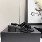 CC 25 Camellia Open Heel Mule Sandals 50mm Black Coarse Glitter Fabric And Sheepskin 368856