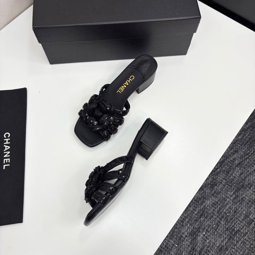 CC 25 Camellia Open Heel Mule Sandals 50mm Black Coarse Glitter Fabric And Sheepskin 368856