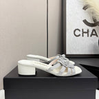 CC 25 Camellia Open Heel Mule Sandals 50mm Silver Stone Grain And Sheepskin 368859
