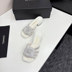 CC 25 Camellia Open Heel Mule Sandals 50mm Silver Stone Grain And Sheepskin 368859