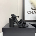 CC 25 Camellia Open Heel Sandals 90mm Black Coarse Glitter Fabric And Sheepskin 368818