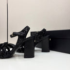 CC 25 Camellia Open Heel Sandals 90mm Black Coarse Glitter Fabric And Sheepskin 368818