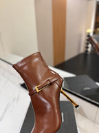 YSL 25 Metal Stiletto Martin Boots Brown Gold Cowhide 520780
