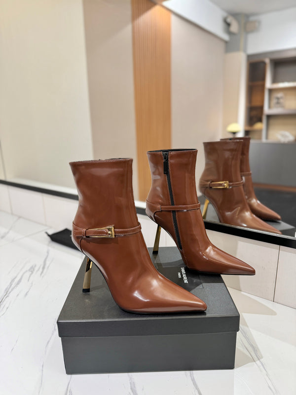 YSL 25 Metal Stiletto Martin Boots Brown Gold Cowhide 520780