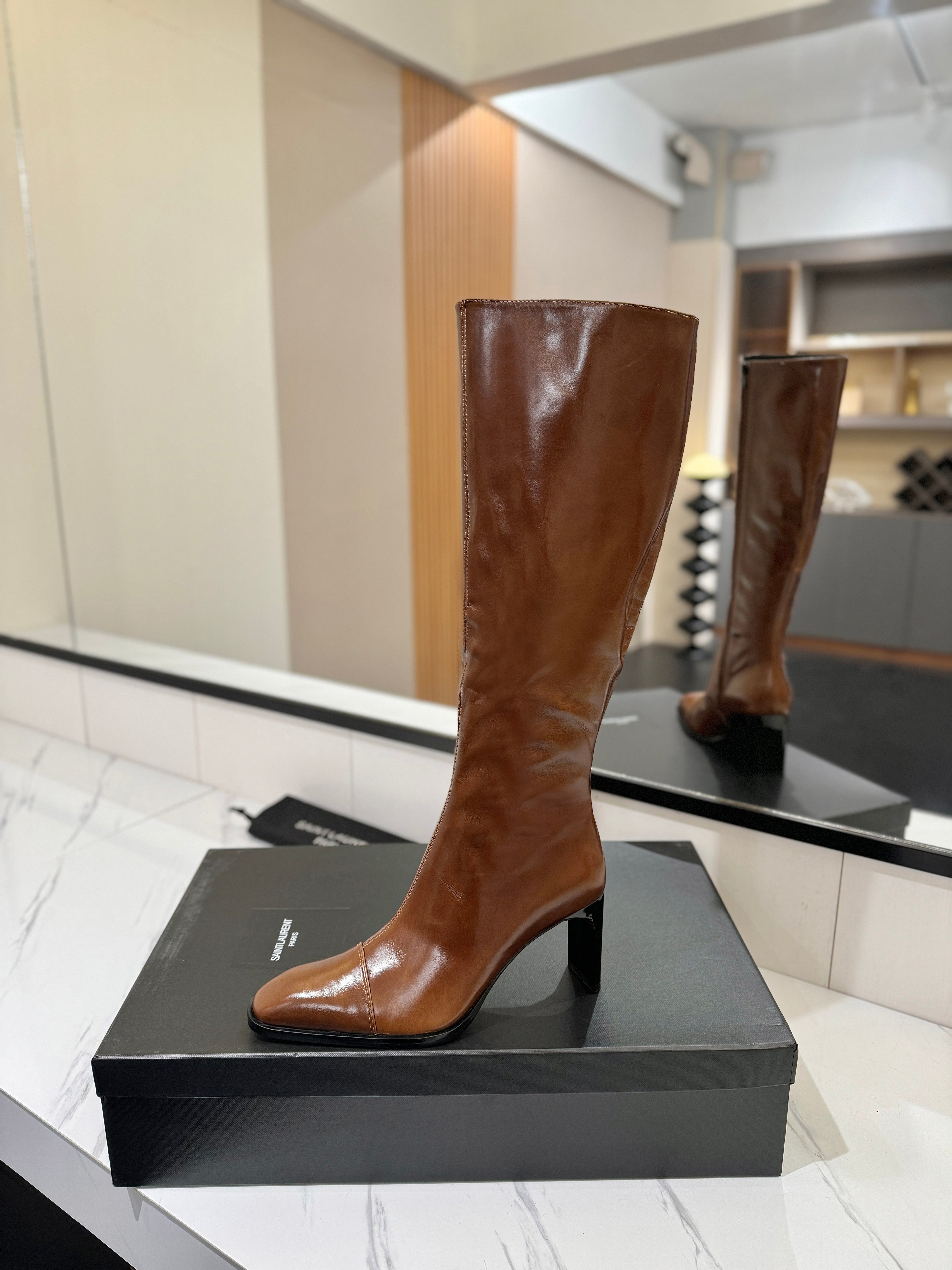 YSL 25 Zipper Sleeve Boot Brown Cowhide 520789
