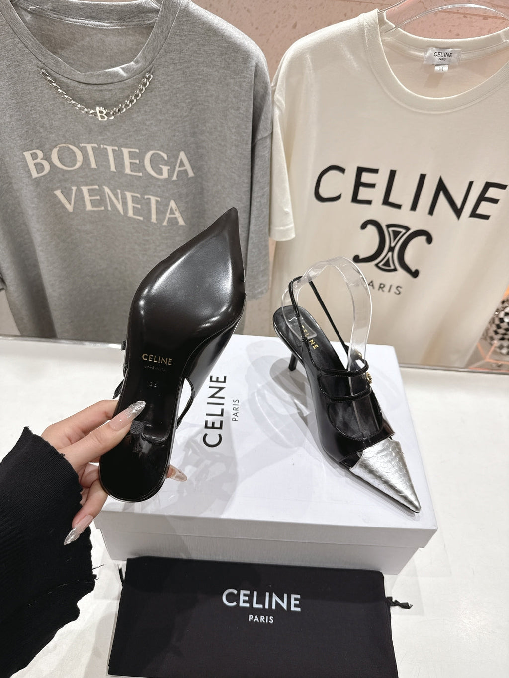 Celine 25C Judy Double Strap Mary Jane Slingback Black mix Silver Sheepskin 236776