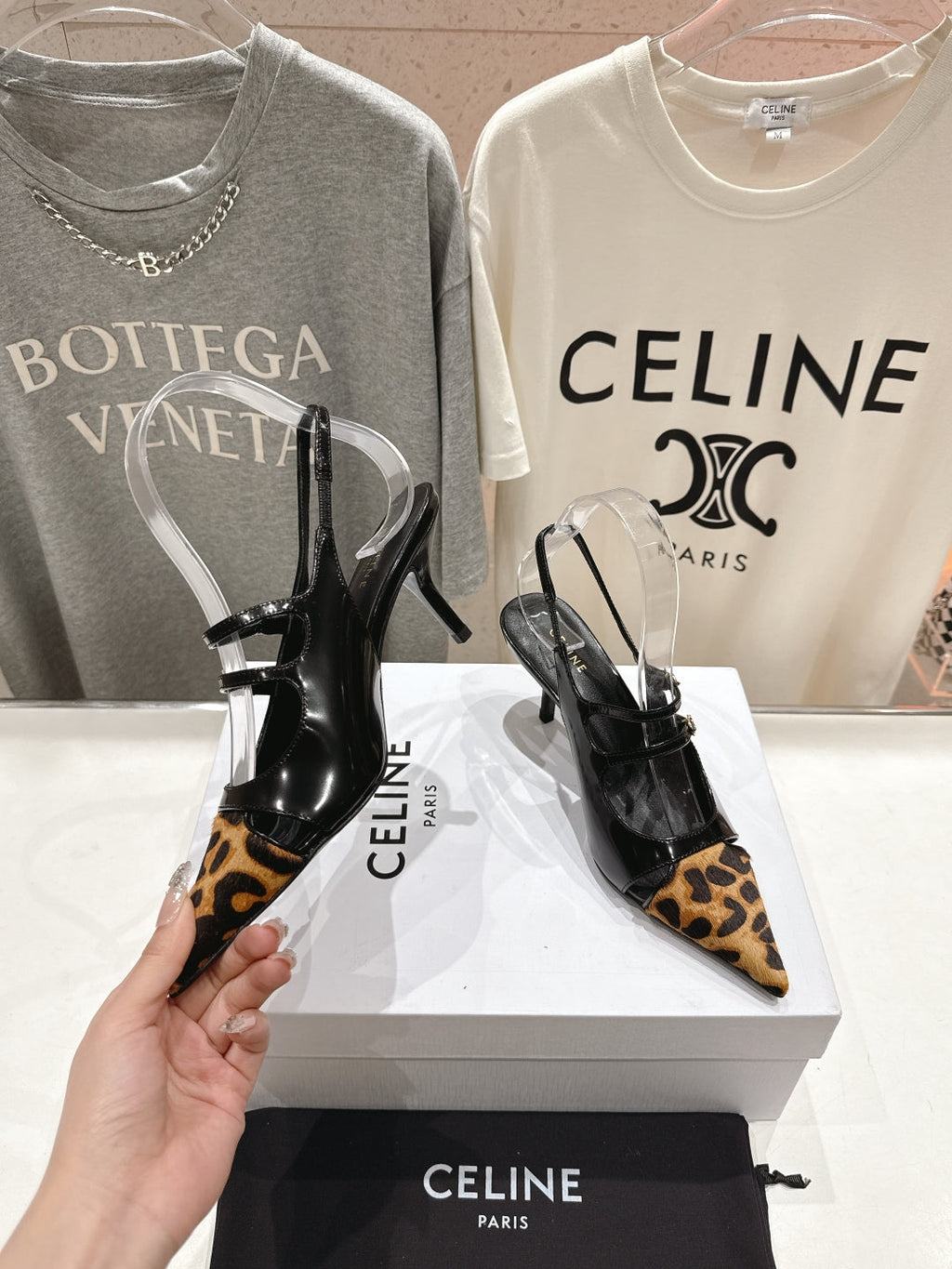 Celine 25C Judy Double Strap Mary Jane Slingback Black mix Brown Sheepskin 236777