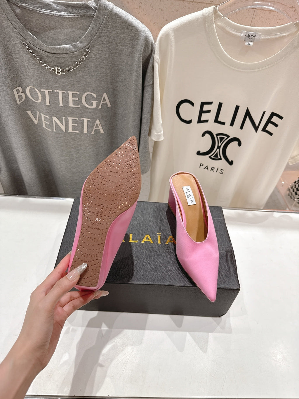 Alaia 25 Cube Wedge Mules Pink Silk Sheepskin 300082