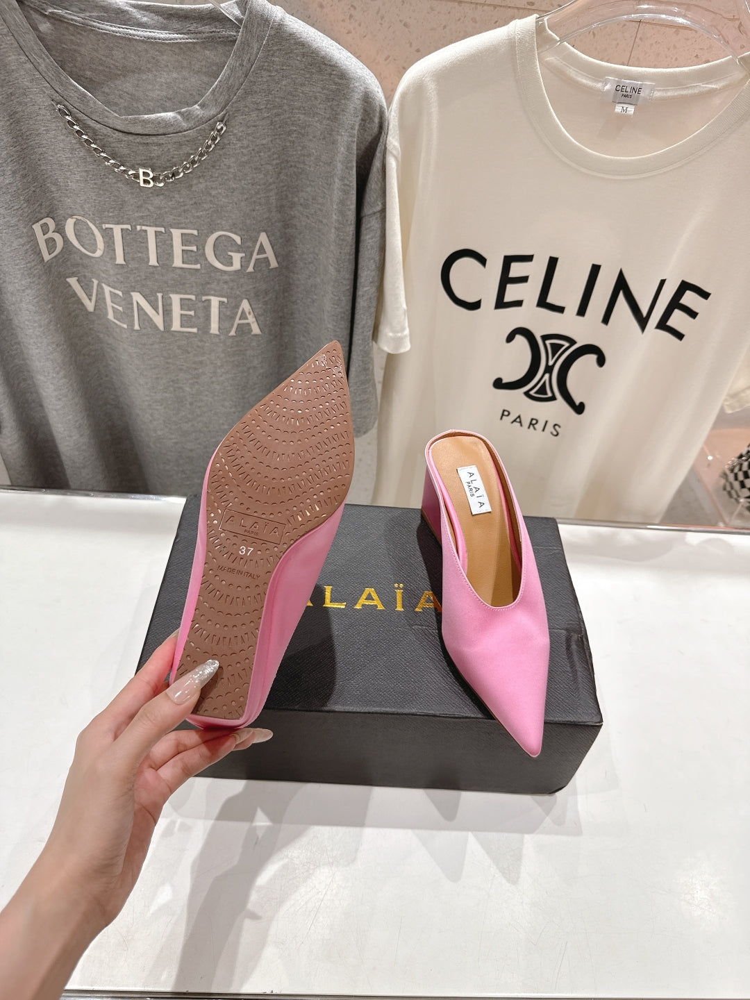 Alaia 25 Cube Wedge Mules Pink Silk Sheepskin 300082
