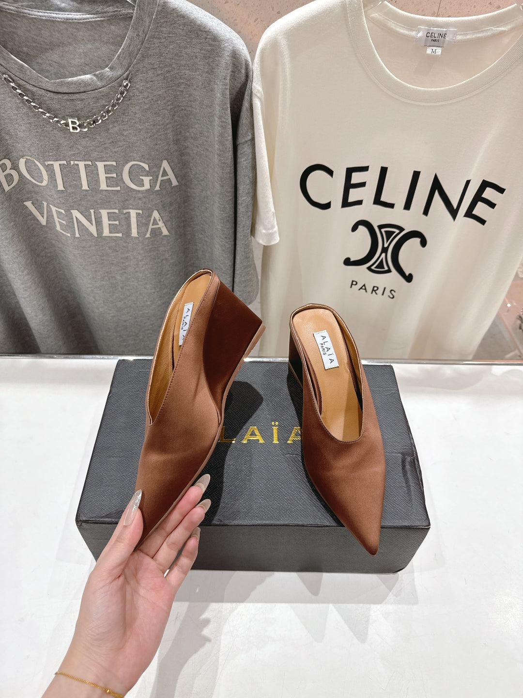 Alaia 25 Cube Wedge Mules Brown Silk Sheepskin 300083