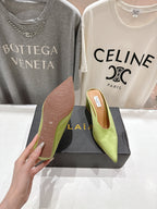 Alaia 25 Cube Wedge Mules Avocado Green Silk Sheepskin 300085