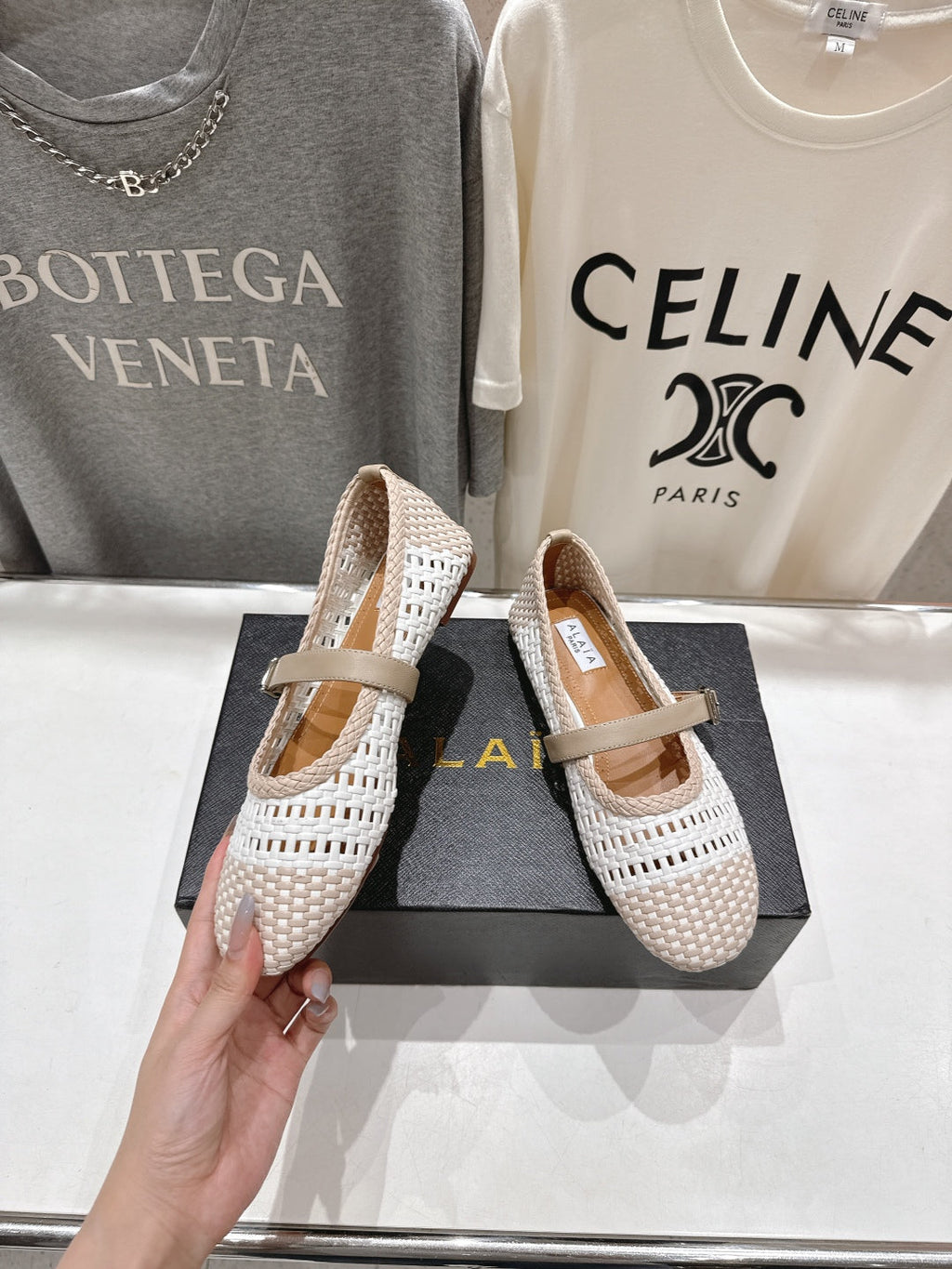 ALAIA MARY JANE FLATS white mix beige woven calfskin pattent