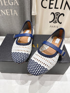 ALAIA MARY JANE FLATS white mix navy blue woven calfskin pattent
