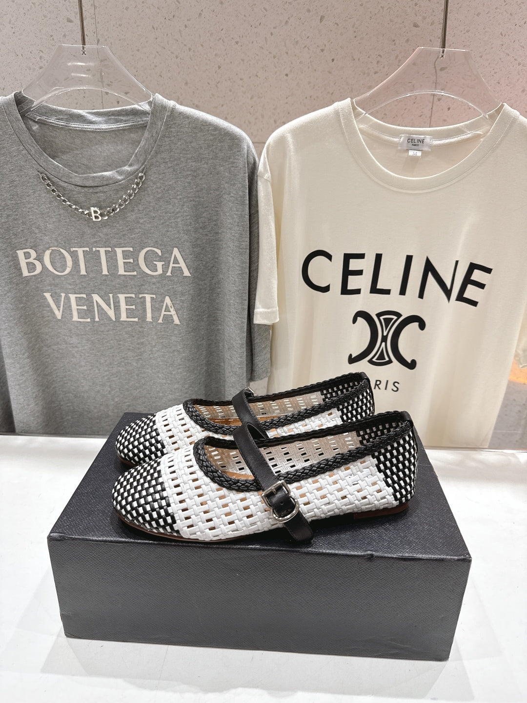 ALAIA MARY JANE FLATS white mix black woven calfskin pattent