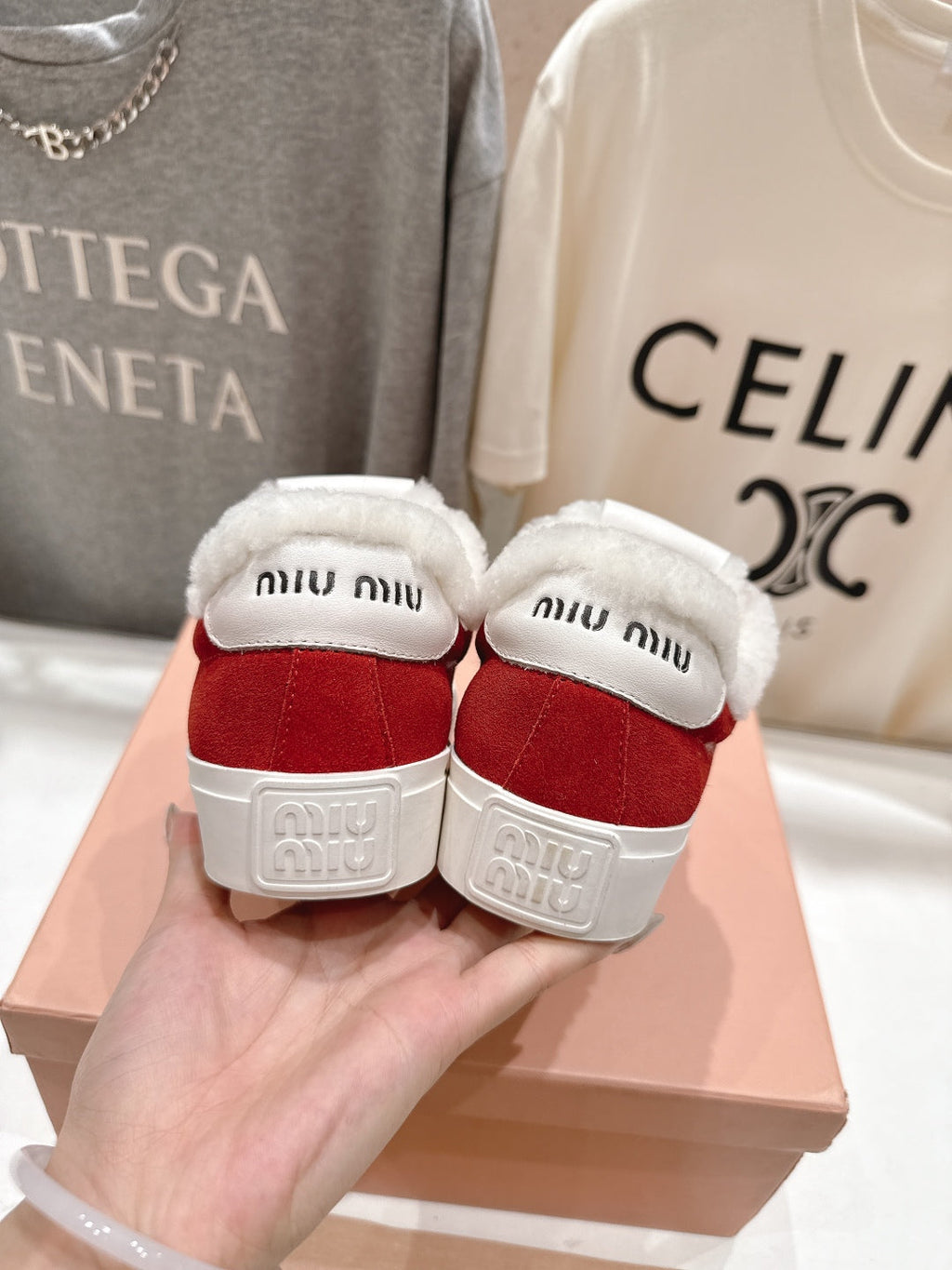 MiuMiu 25 Sneaker Red White Suede Cowhide Fur 535585