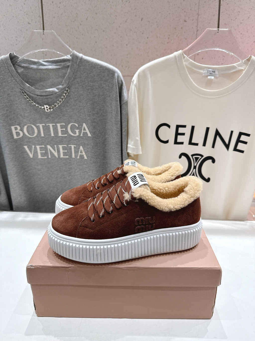 MiuMiu 25 Sneaker Brown Beige Suede Fur 535589