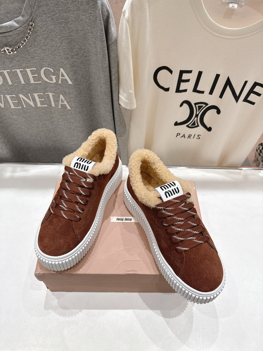 MiuMiu 25 Sneaker Brown Beige Suede Fur 535589