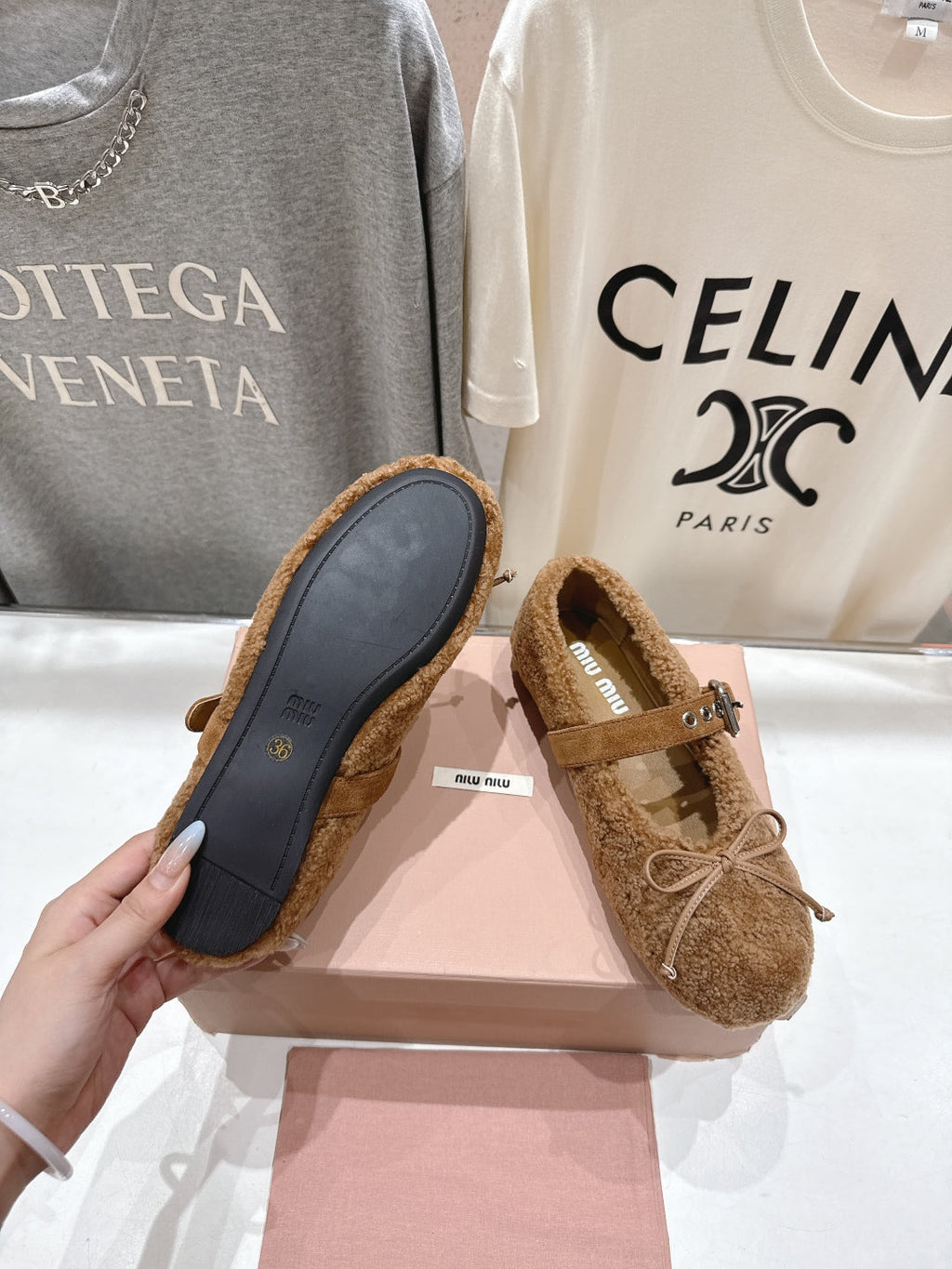 MiuMiu 25 Ballet Flat Brown Lambskin Wool 535593