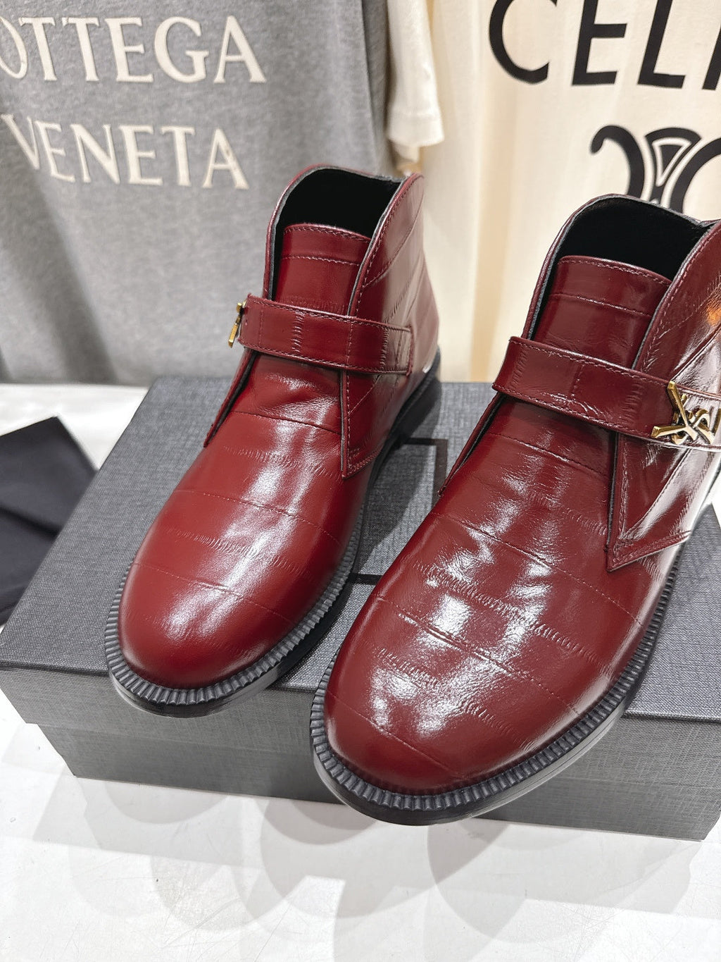 YSL 2025 Brogue Chelsea Ankle Boots Loafer Burgundy Cowhide 567585