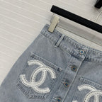 CC 25 Single-breasted Short Skirt Light Blue Denim Cotton