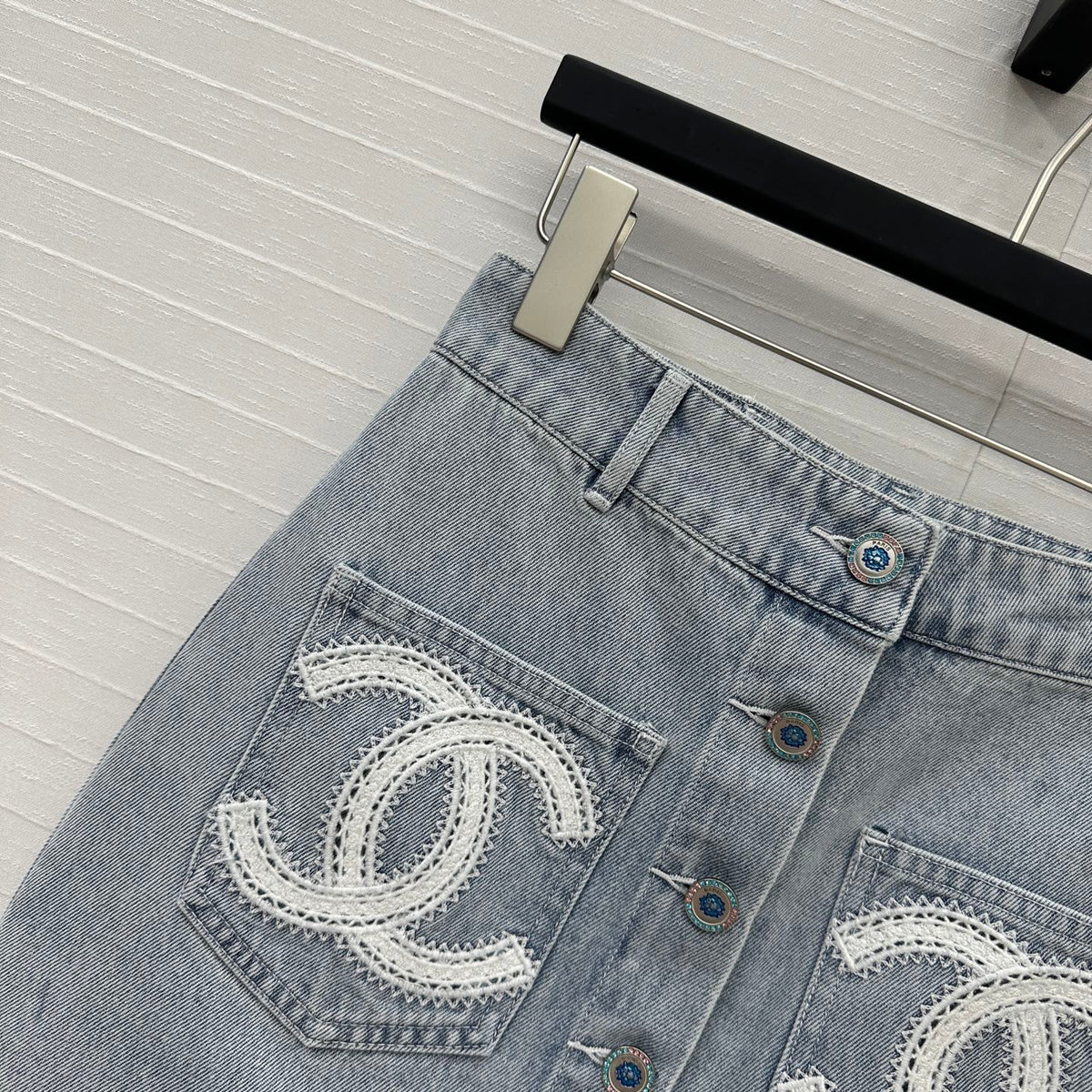 CC 25 Single-breasted Short Skirt Light Blue Denim Cotton