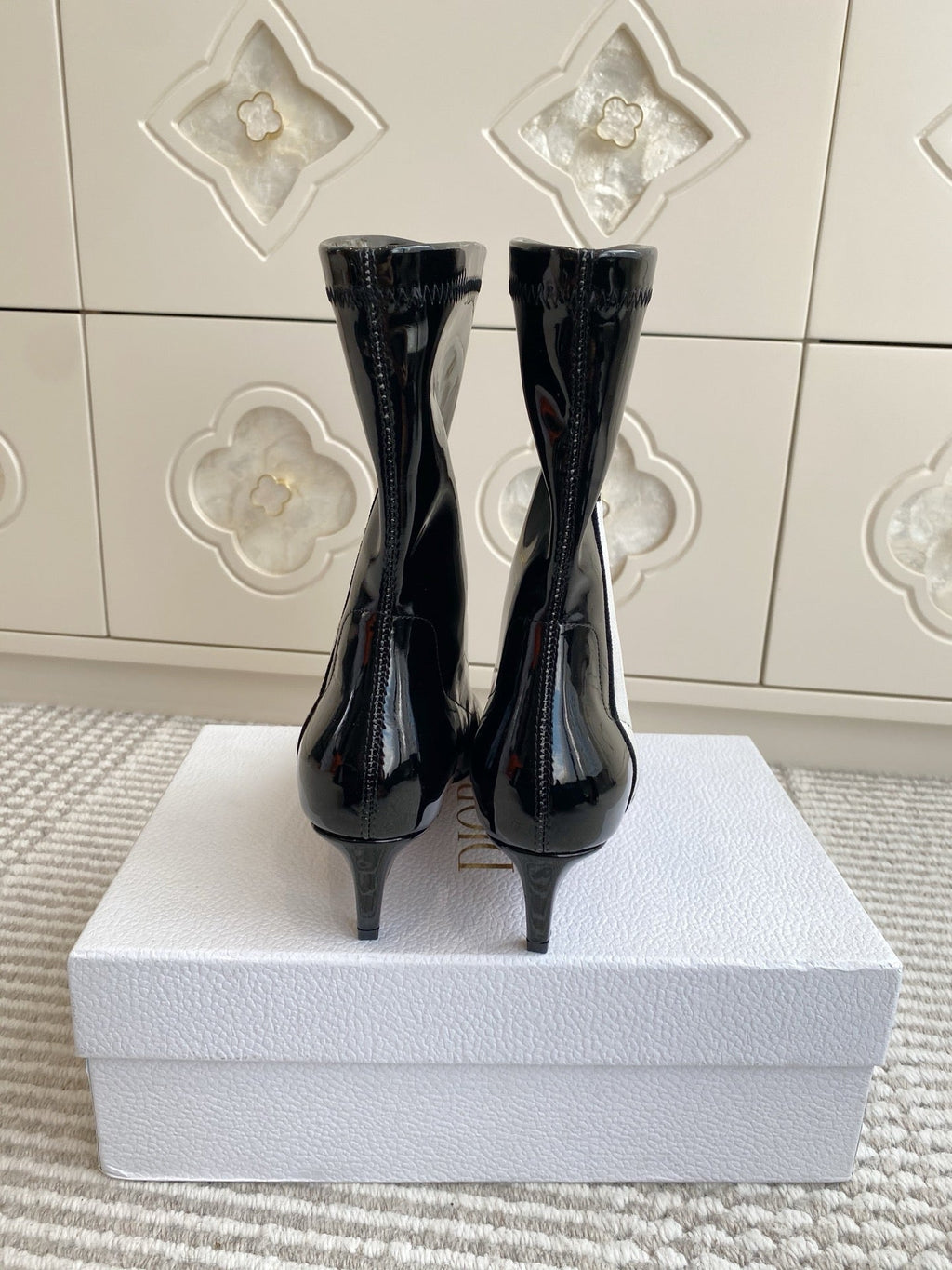 Dior 2025 Tribales Heeled Ankle Boot 50mm Black mix White Patent Leather 501190