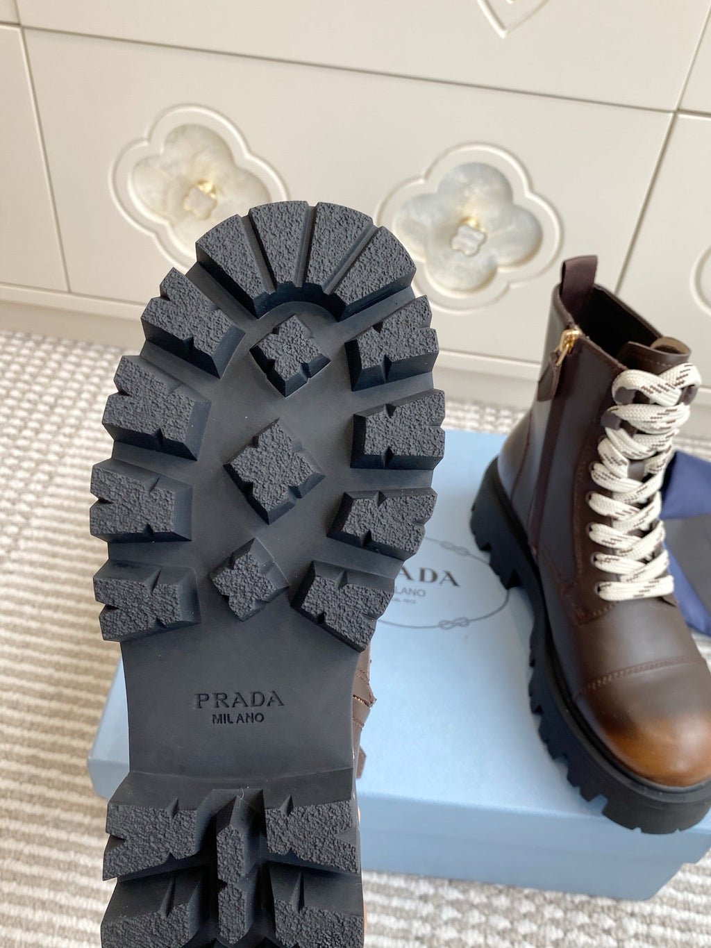 Prada 25 Martin Boot Brown Black Cowhide 501443