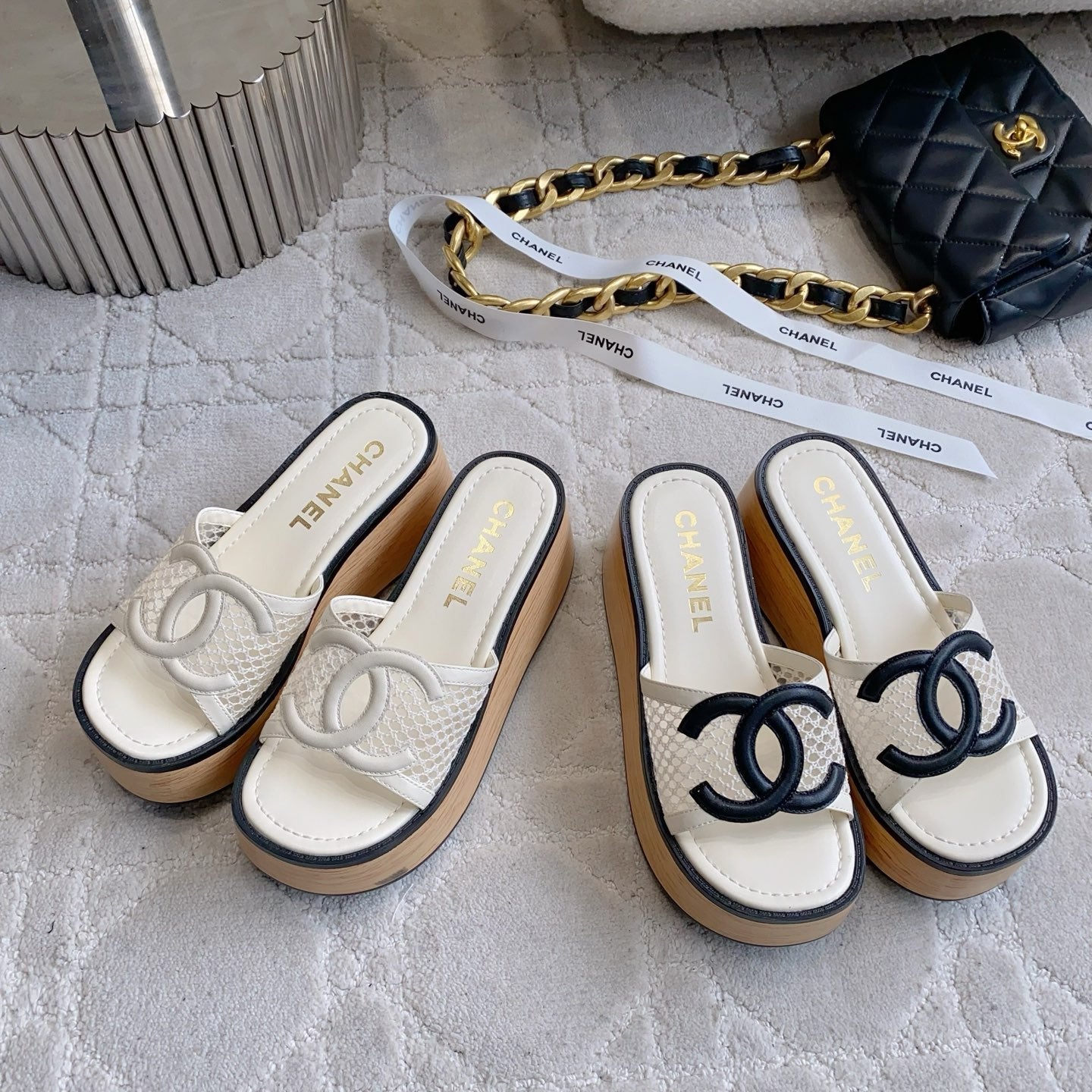 CC Logo Platform Sandals White Lambskin 723737