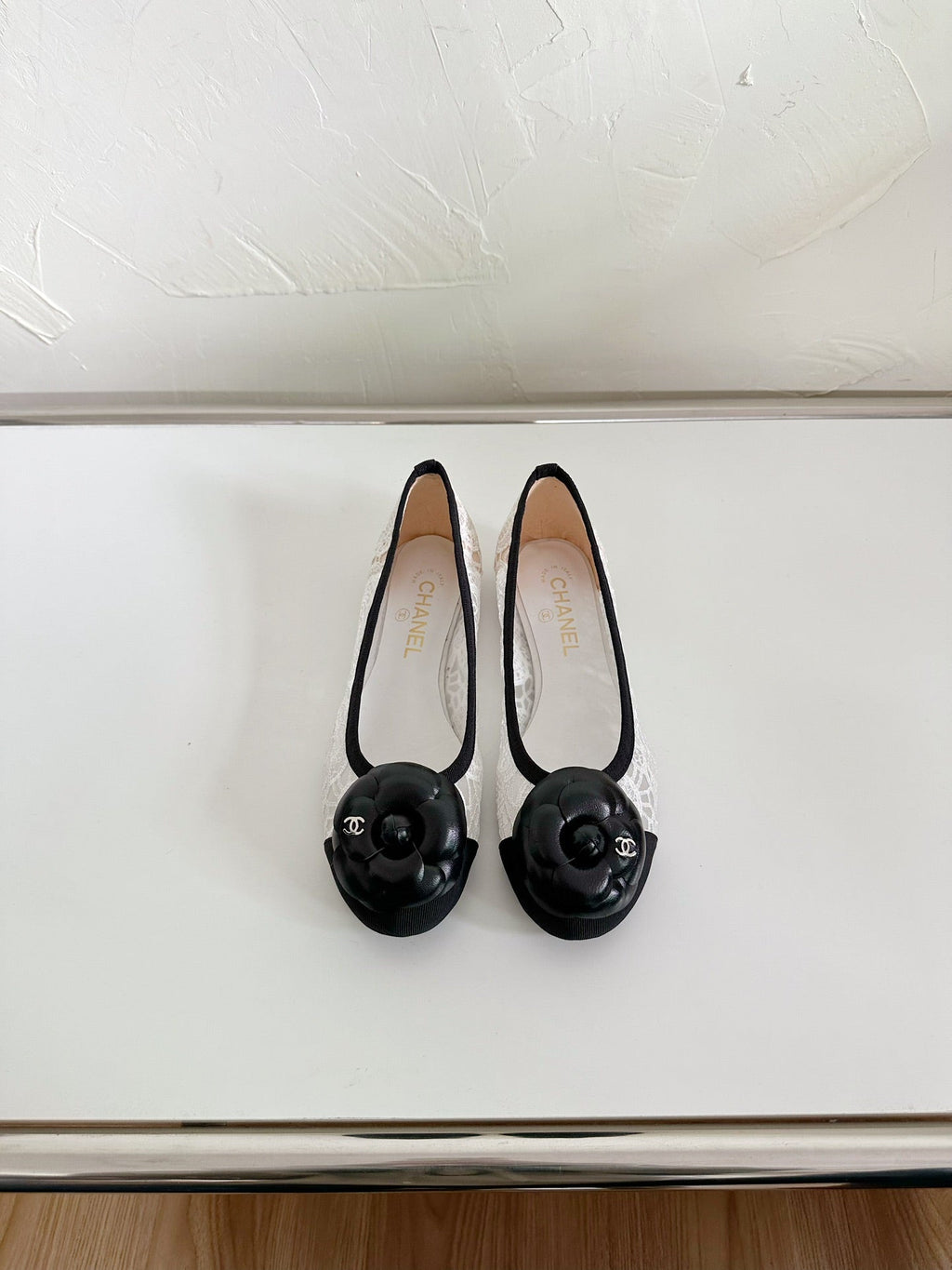 Ballet Flats White Lace Mesh Black Grosgrain Flower
