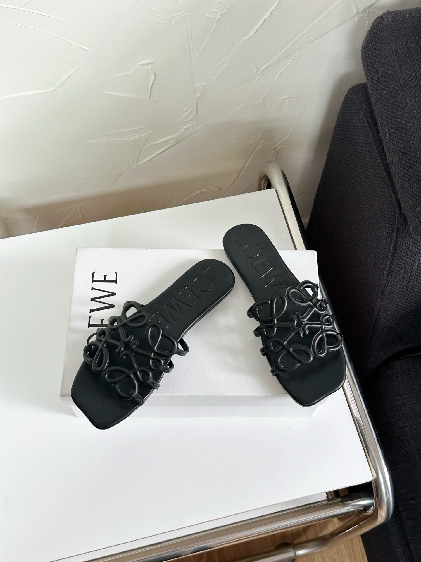 Petal Anagram Slide in Black Soft Calfskin 273512
