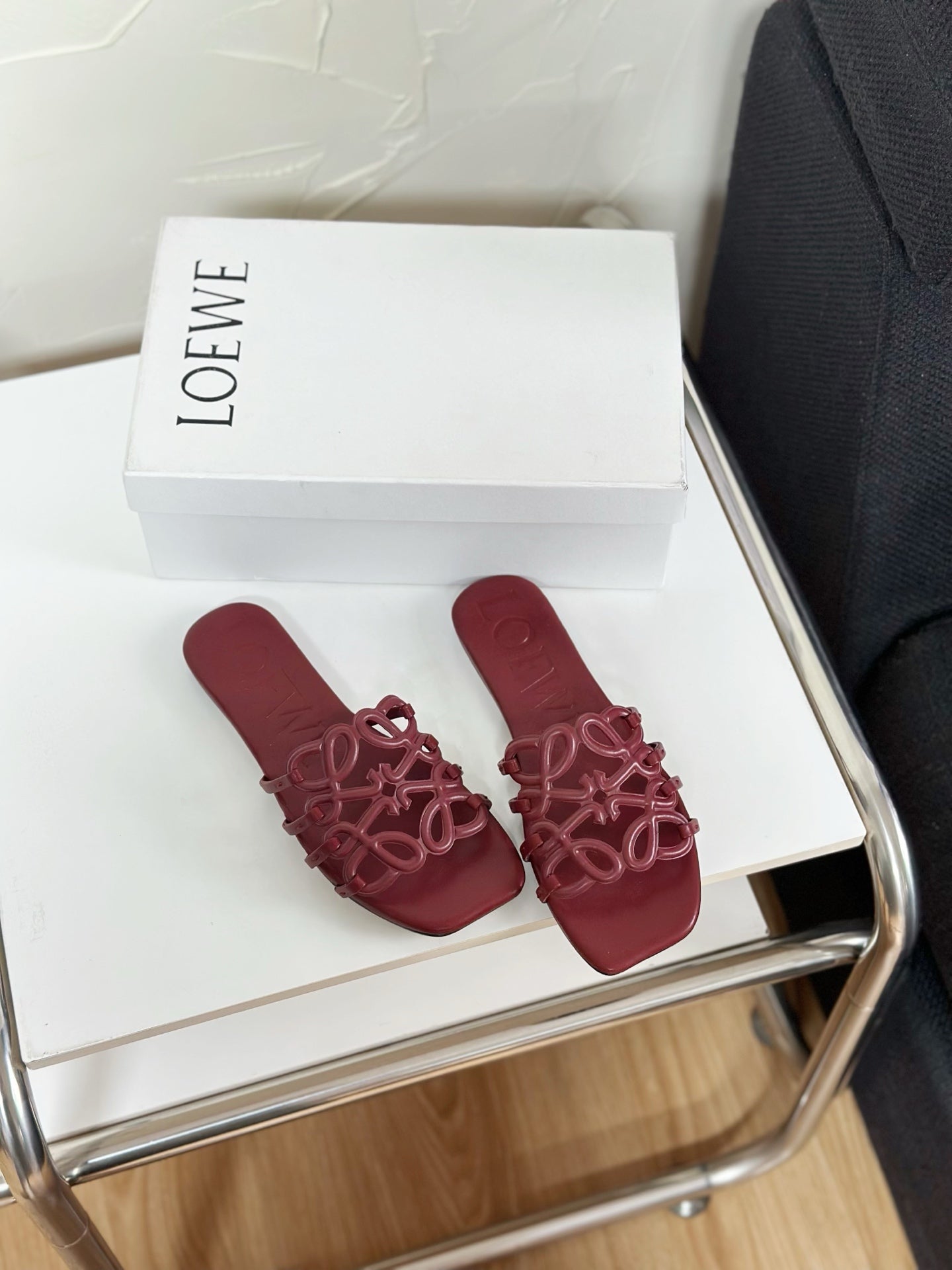 Petal Anagram Slide in Burgundy Soft Calfskin 273518