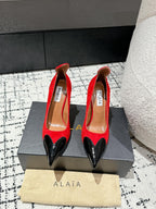 ALAIA HIGH PUMPS 10CM IN CHERRY RED SUEDE MIX BLACK CALFSKIN