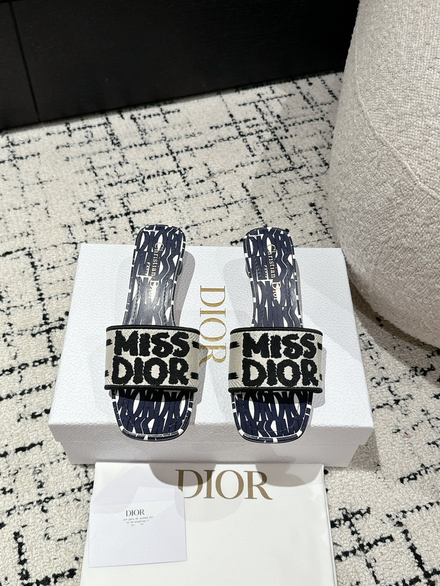 CD Dway Heeled Slide Deep Blue Mix Black White Embroidered Cotton