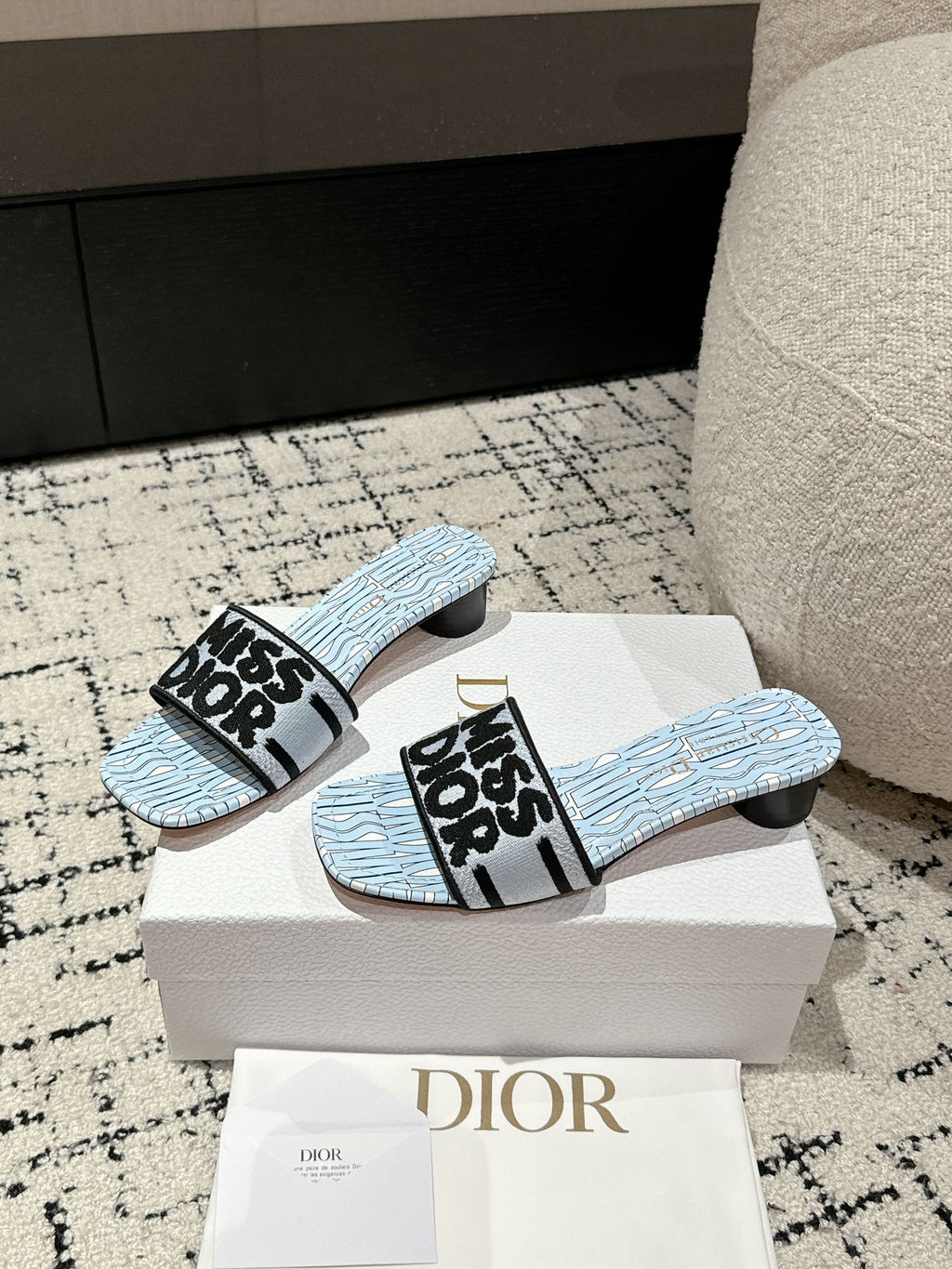 CD Dway Heeled Slide Blue Black Embroidered Cotton