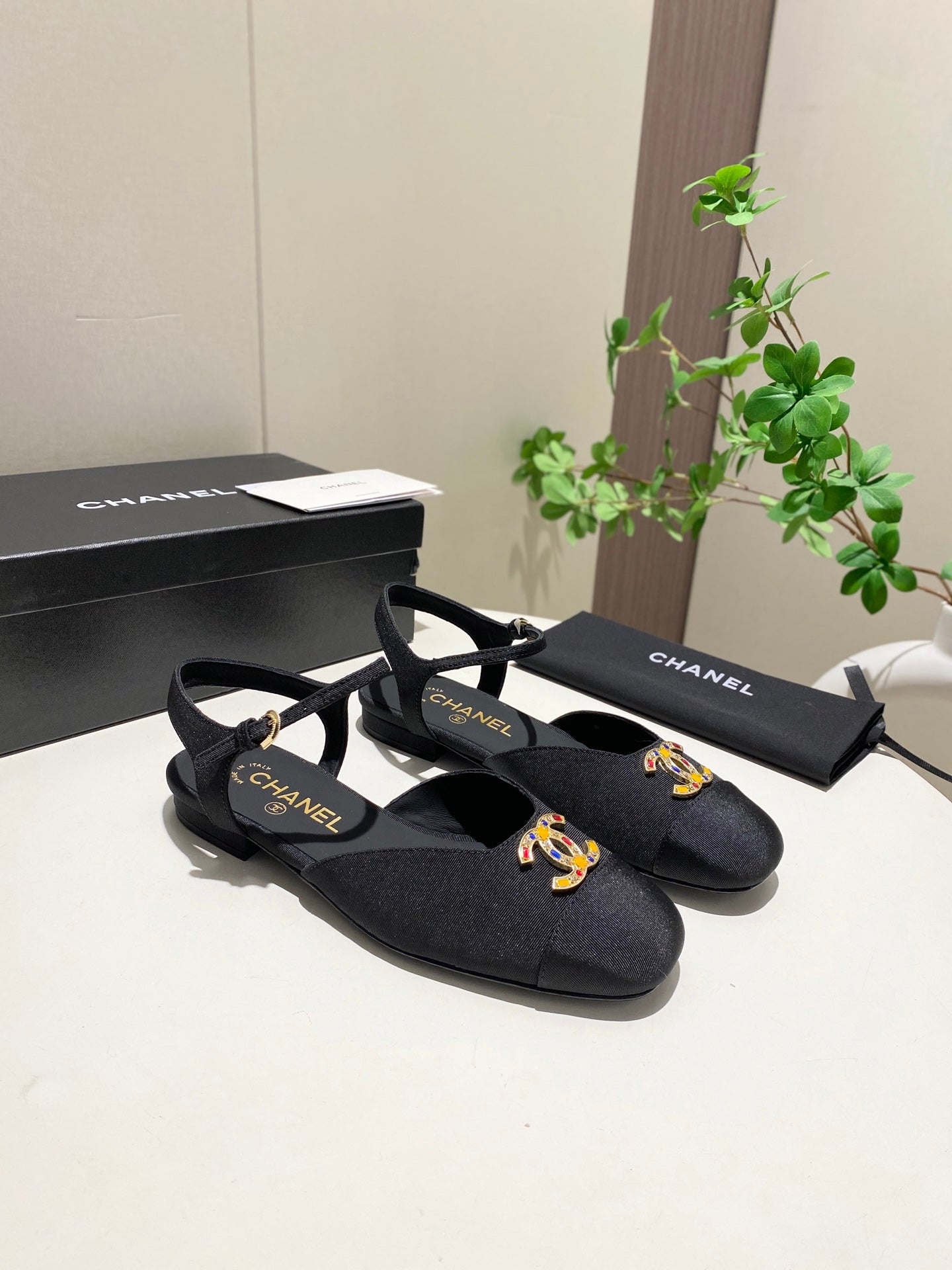 CC 25P Colorful Double Buckle Mary Jane Sandals Black Frabic 466988