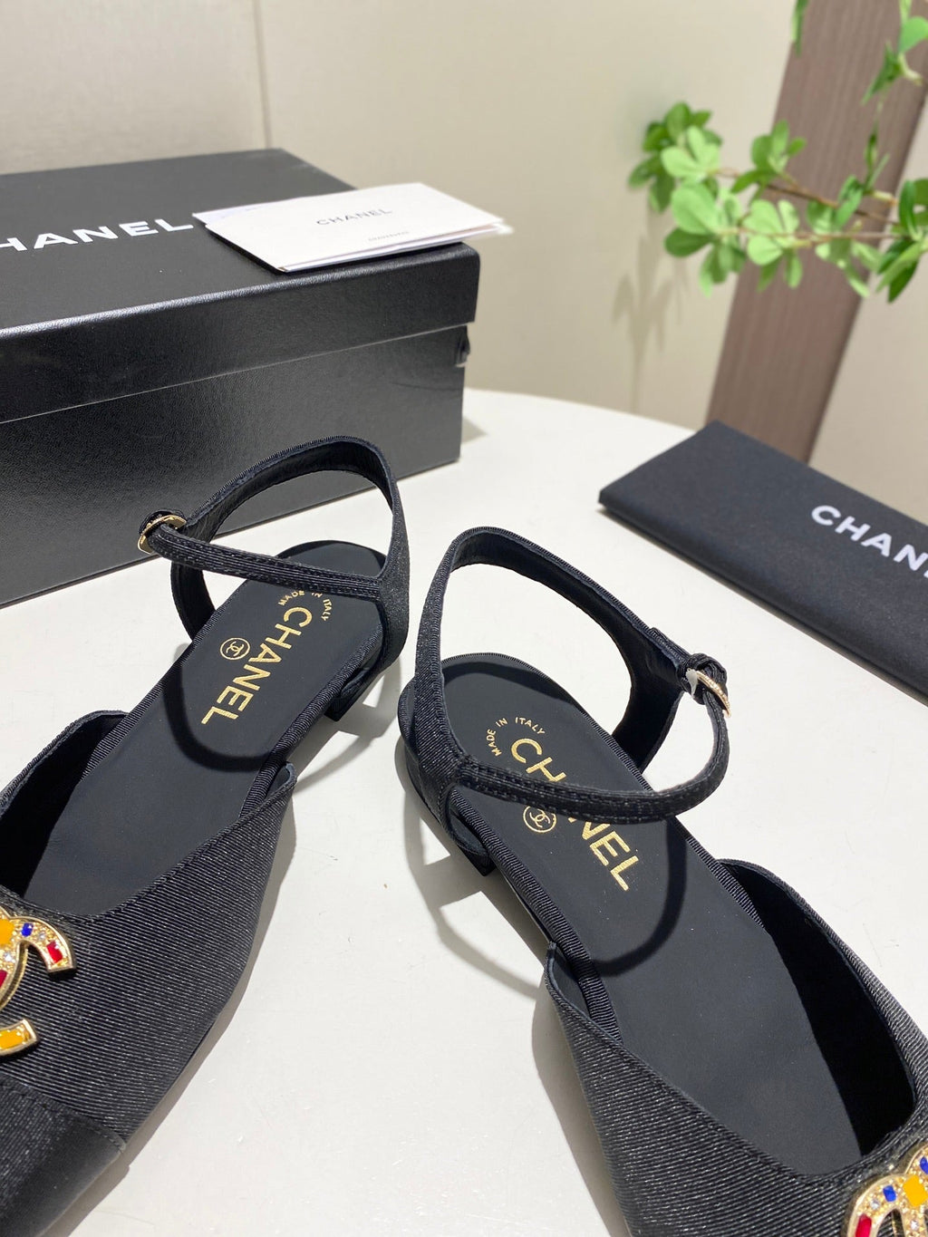 CC 25P Colorful Double Buckle Mary Jane Sandals Black Frabic 466988