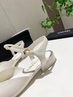 CC 25P Pearl Buckle Mary Jane Sandals Black White Sheepskin Frabic 466989