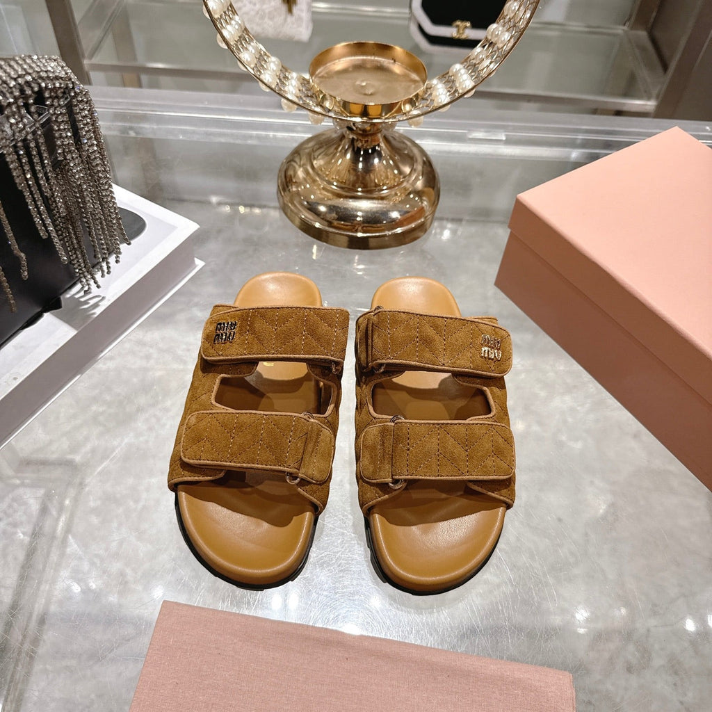 Miu Comfort Sandals Brown Quilted Suede 751302