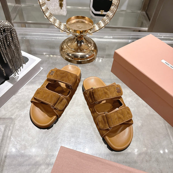 Miu Comfort Sandals Brown Quilted Suede 751302