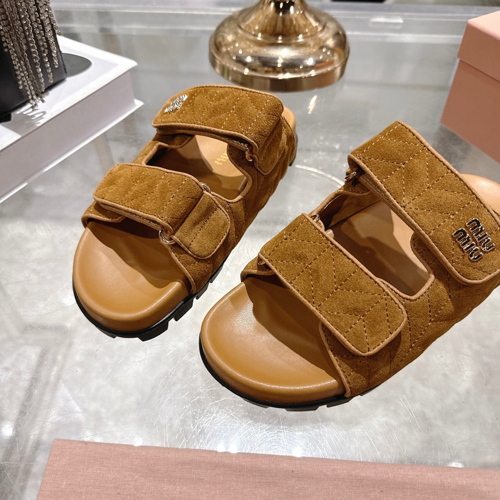 Miu Comfort Sandals Brown Quilted Suede 751302