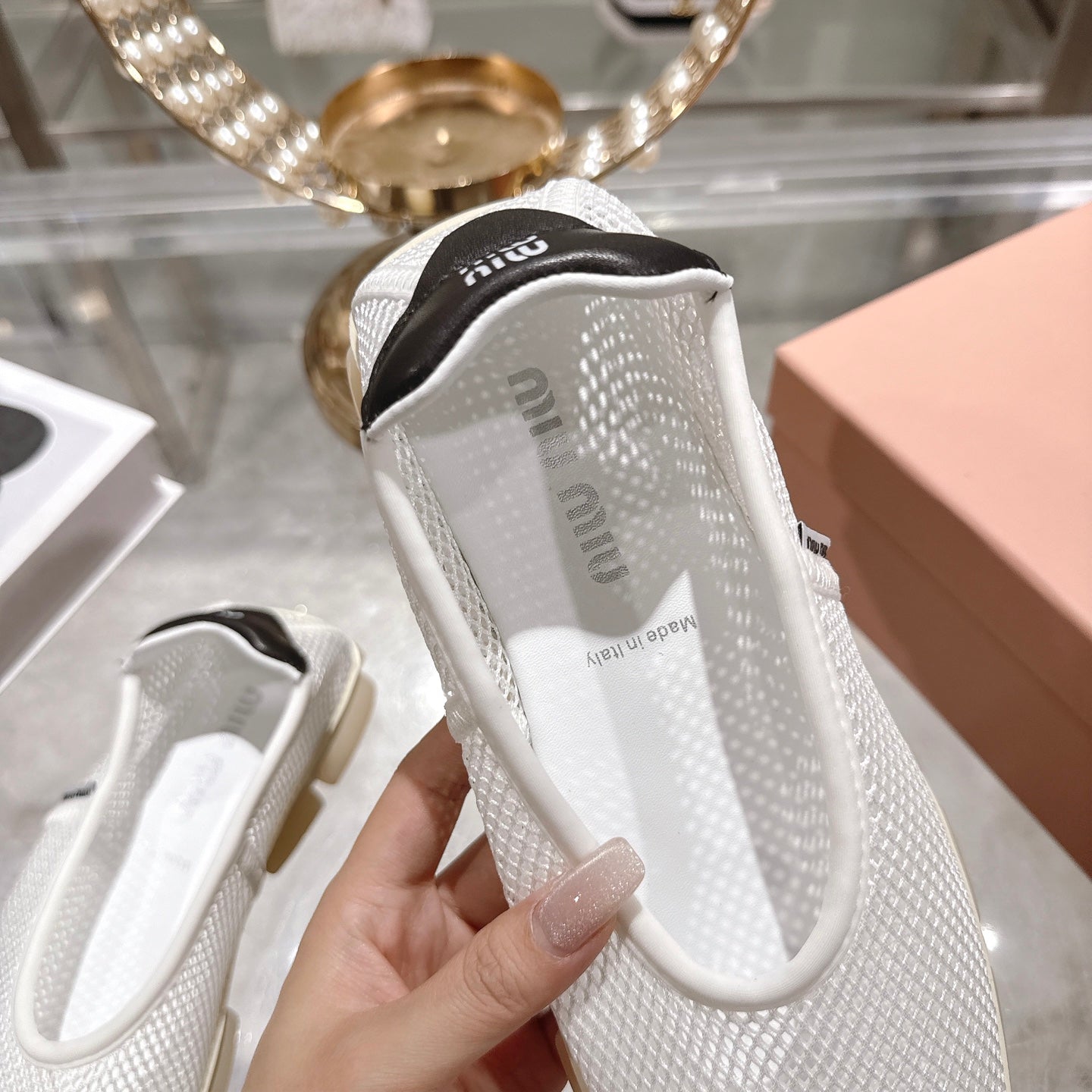 Miu Ballerinas White Black Technical Mesh Leather 751306