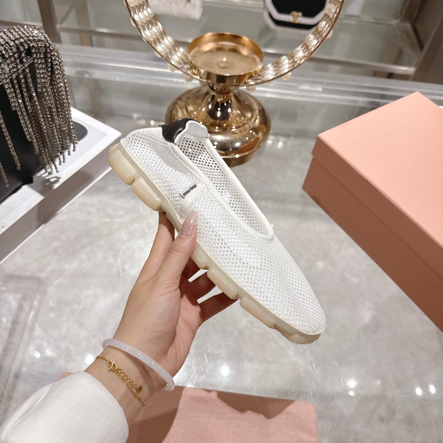 Miu Ballerinas White Black Technical Mesh Leather 751306