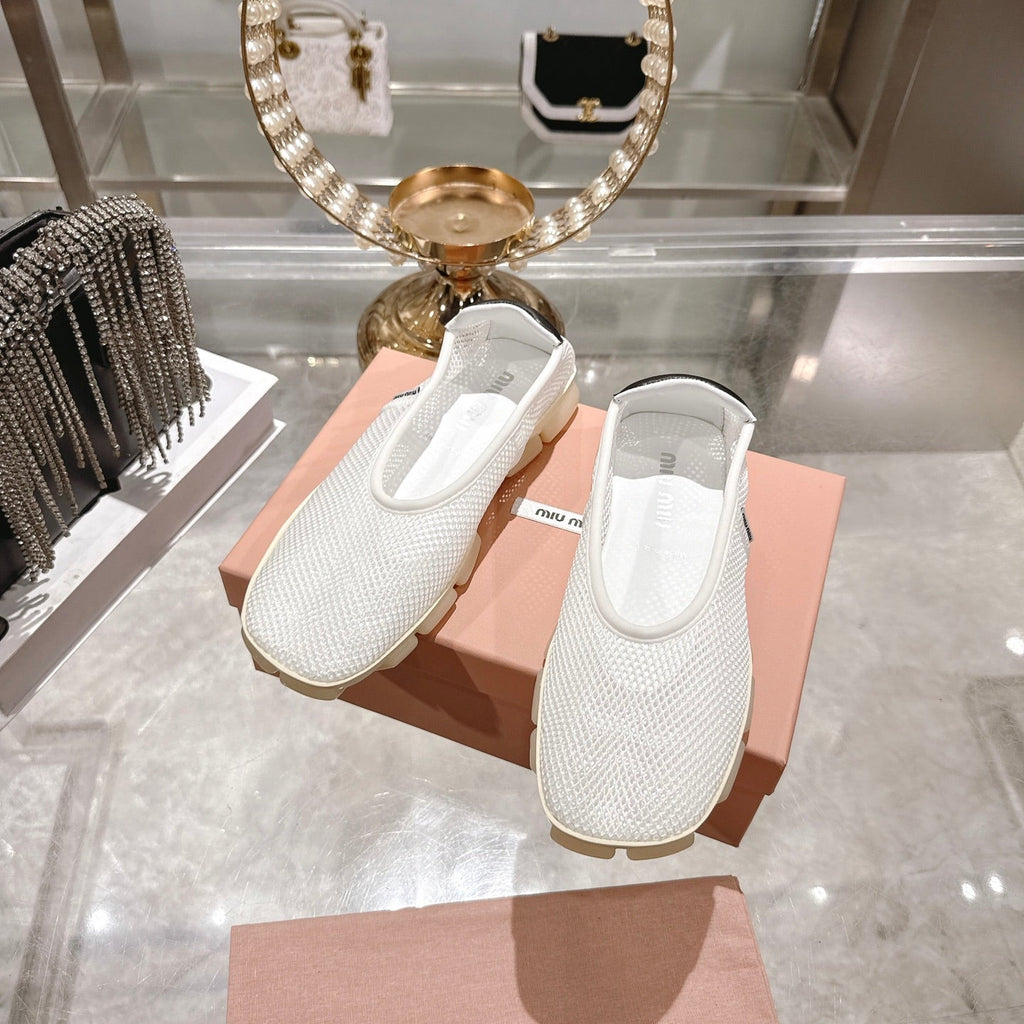 Miu Ballerinas White Black Technical Mesh Leather 751306