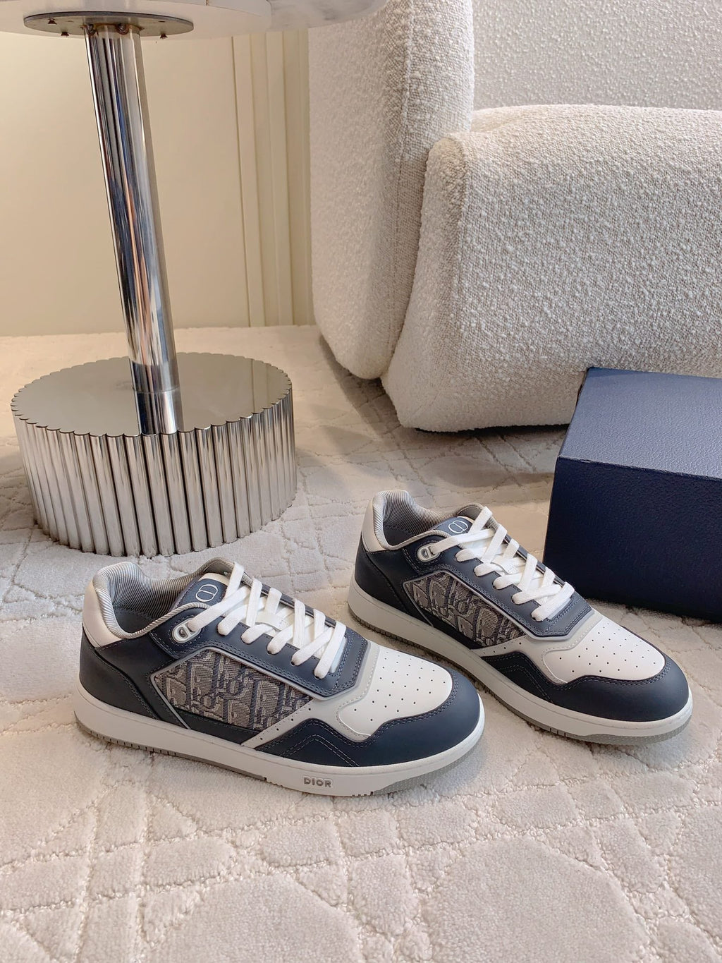 CD B27 Low-Top Sneaker White Charcoal Blue Print Calfskin And Oblique Jacquard Fabric