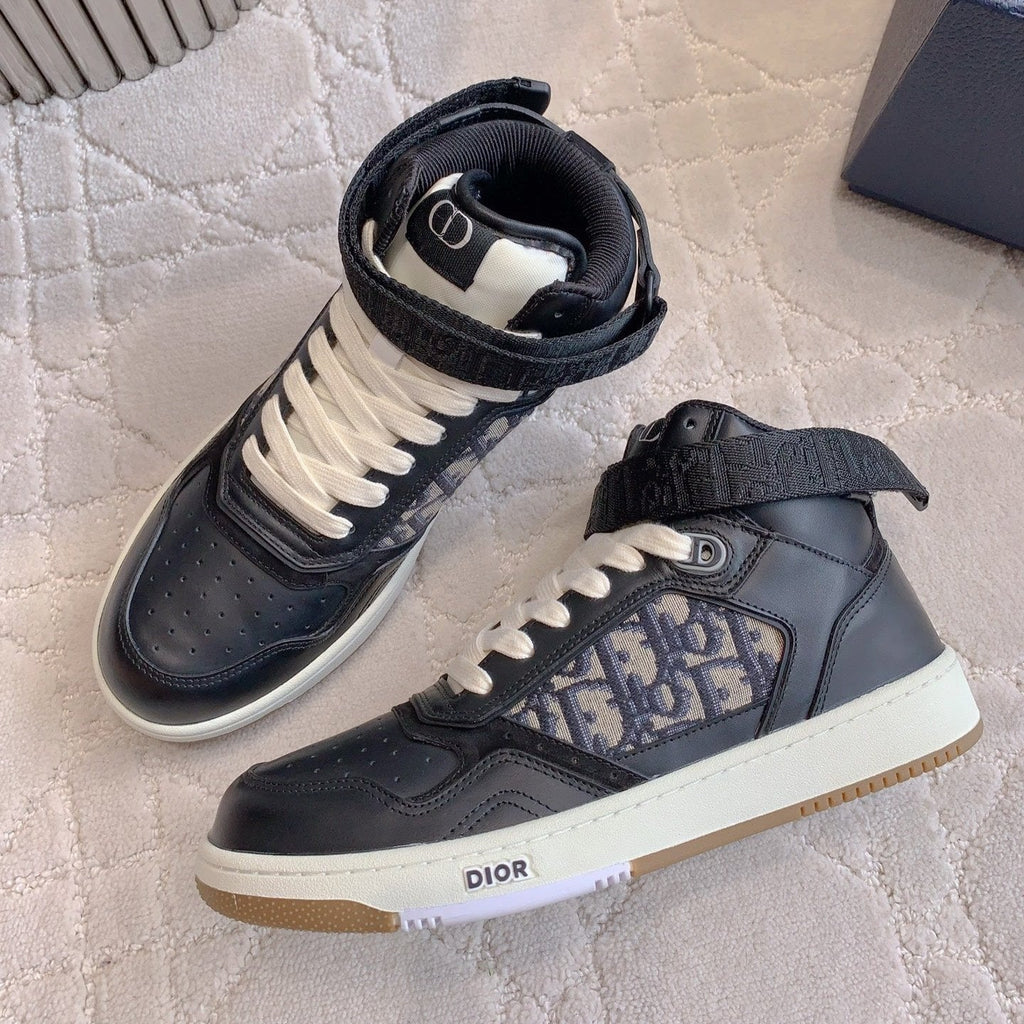 CD B27 High-Top Sneaker Black Charcoal Blue Print Calfskin And Oblique Jacquard Fabric