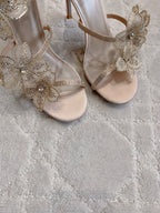 RC Flower Sandals Beige Sheepskin Rhinestones 328467