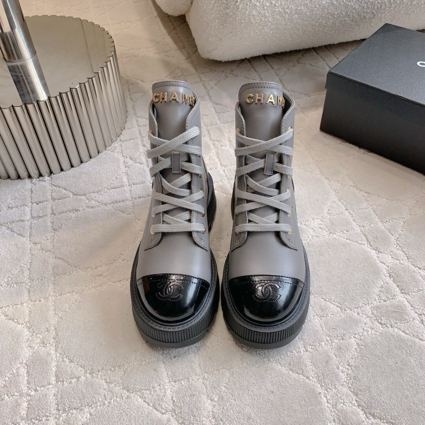 CC 24 Combat Boots 50mm Grey Black Calfskin & Sheepskin 404288