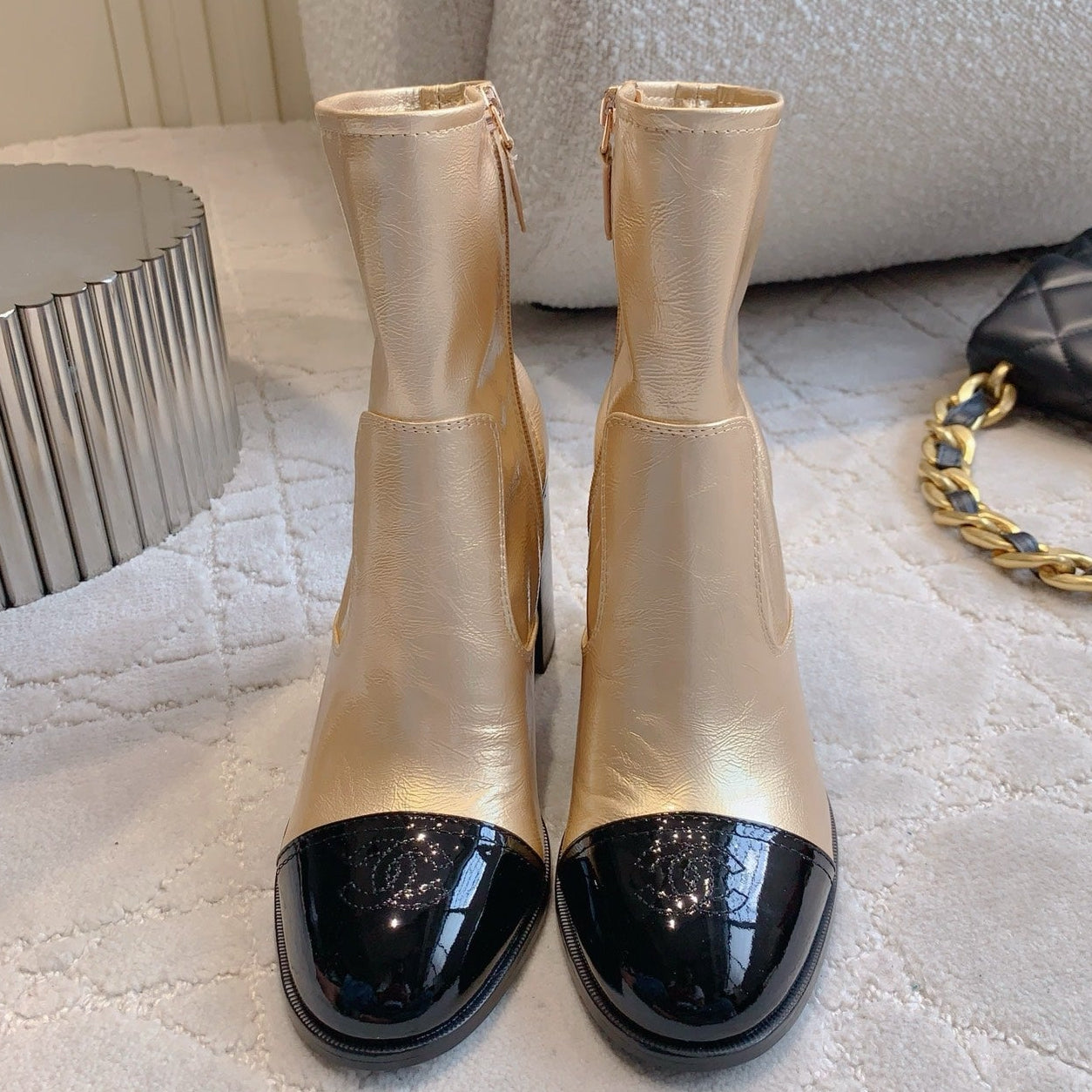 CC 25 Heeled Short Boot Light Gold mix Black Patent Leather 516677